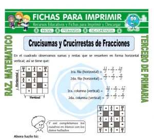 Ficha de Crucisumas y Crucirrestas de Fracciones para Tercero de Primaria