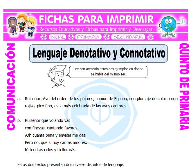 Ficha de Lenguaje Denotativo y Connotativo para Quinto de Primaria