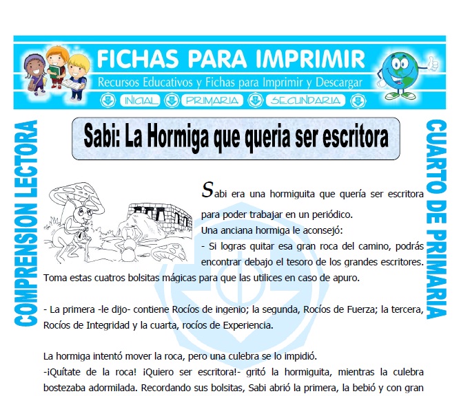 Ficha de Sabi: La Hormiga que quería ser Escritora para Cuarto de Primaria