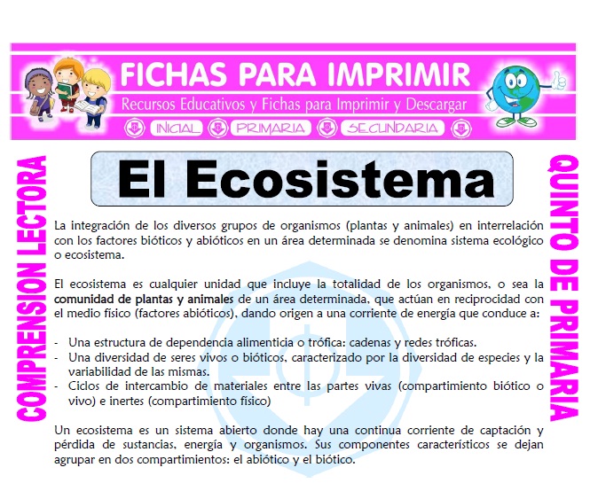 Ficha de El Ecosistema para Quinto de Primaria