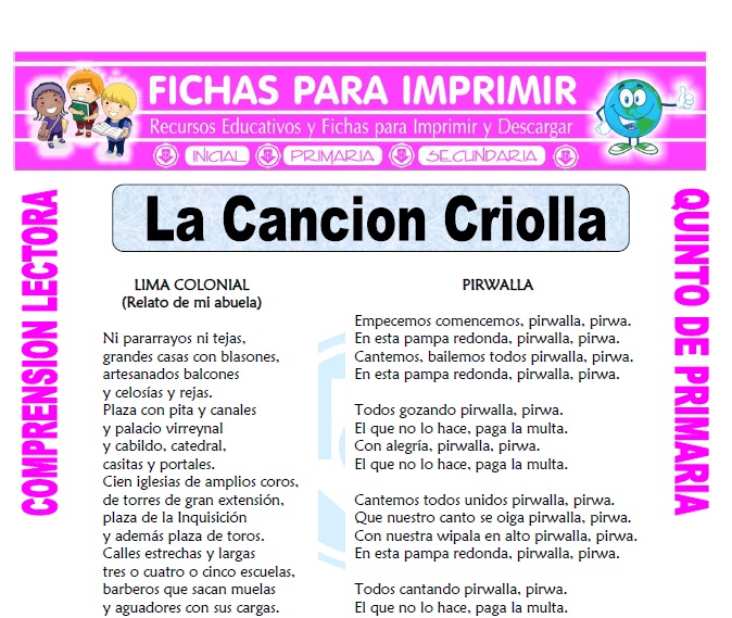 Ficha de La Cancion Criolla para Quinto de Primaria