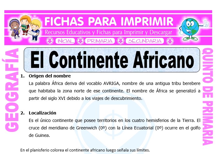 Ficha de El Continente Africano para Quinto de Primaria