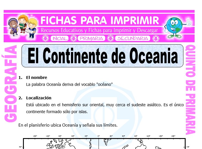 Ficha de El Continente de Oceania para Quinto de Primaria
