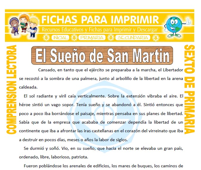 Ficha de El Sueño de San Martin para Sexto de Primaria