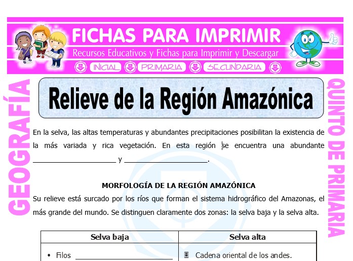 Ficha de Relieve de la Región Amazónica para Quinto de Primaria