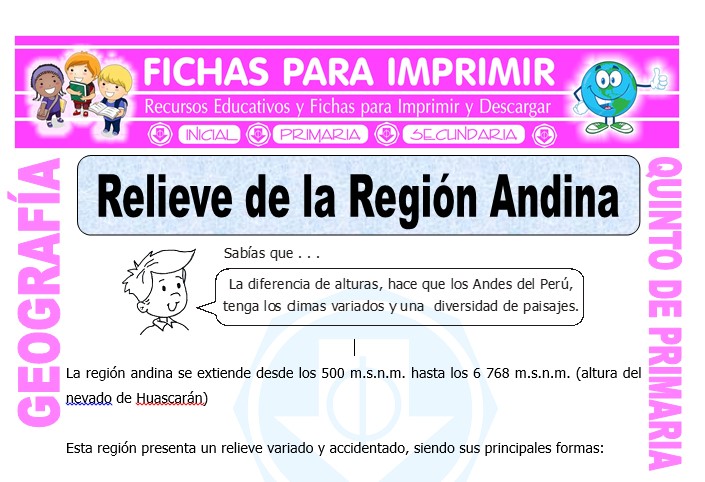 Ficha de Relieve de la Región Andina para Quinto de Primaria