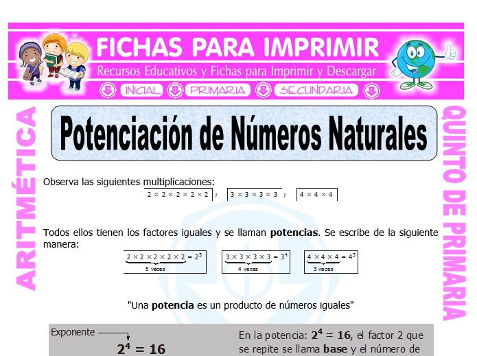 Ficha de Potenciación de Números Naturales para Quinto de Primaria
