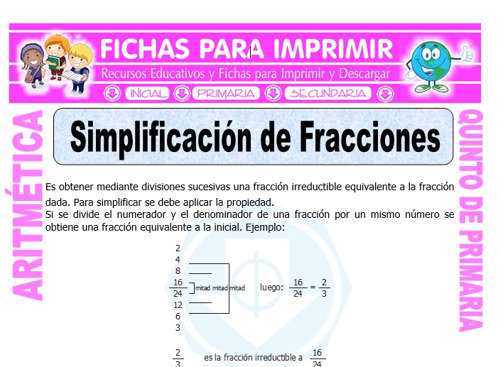 Ficha de Simplificación de Fracciones para Quinto de Primaria