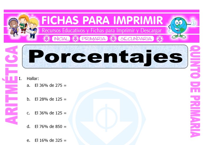 Ficha de Ejercicios de Porcentajes para Quinto de Primaria