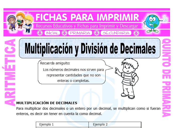 Ficha de Multiplicacion y Division de Decimales para Quinto de Primaria