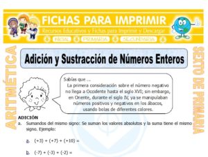 Ficha de Adición y Sustracción de Números Enteros para Sexto de Primaria