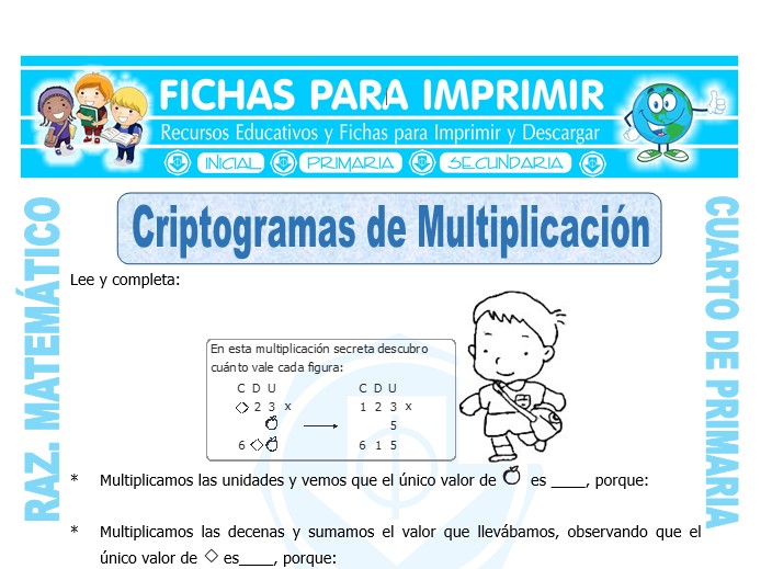 Ficha de Criptogramas de Multiplicación para Cuarto de Primaria