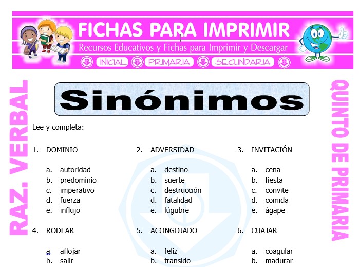 Ficha de Sinónimos Ejercicios para Quinto de Primaria