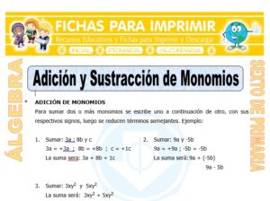 Ficha de Adición y Sustracción Algebraicas de Monomios para Sexto de Primaria