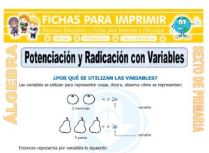 Ficha de Potenciación y Radicación con Variables para Sexto de Primaria