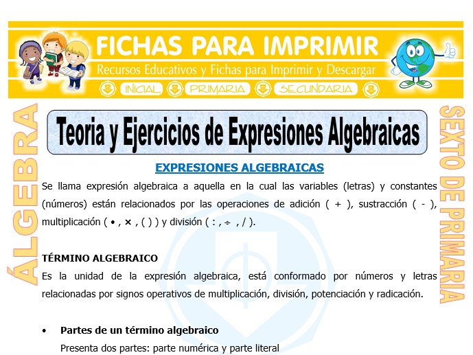 Ficha de Teoría y Ejercicios de Expresiones Algebraicas para Sexto de Primaria